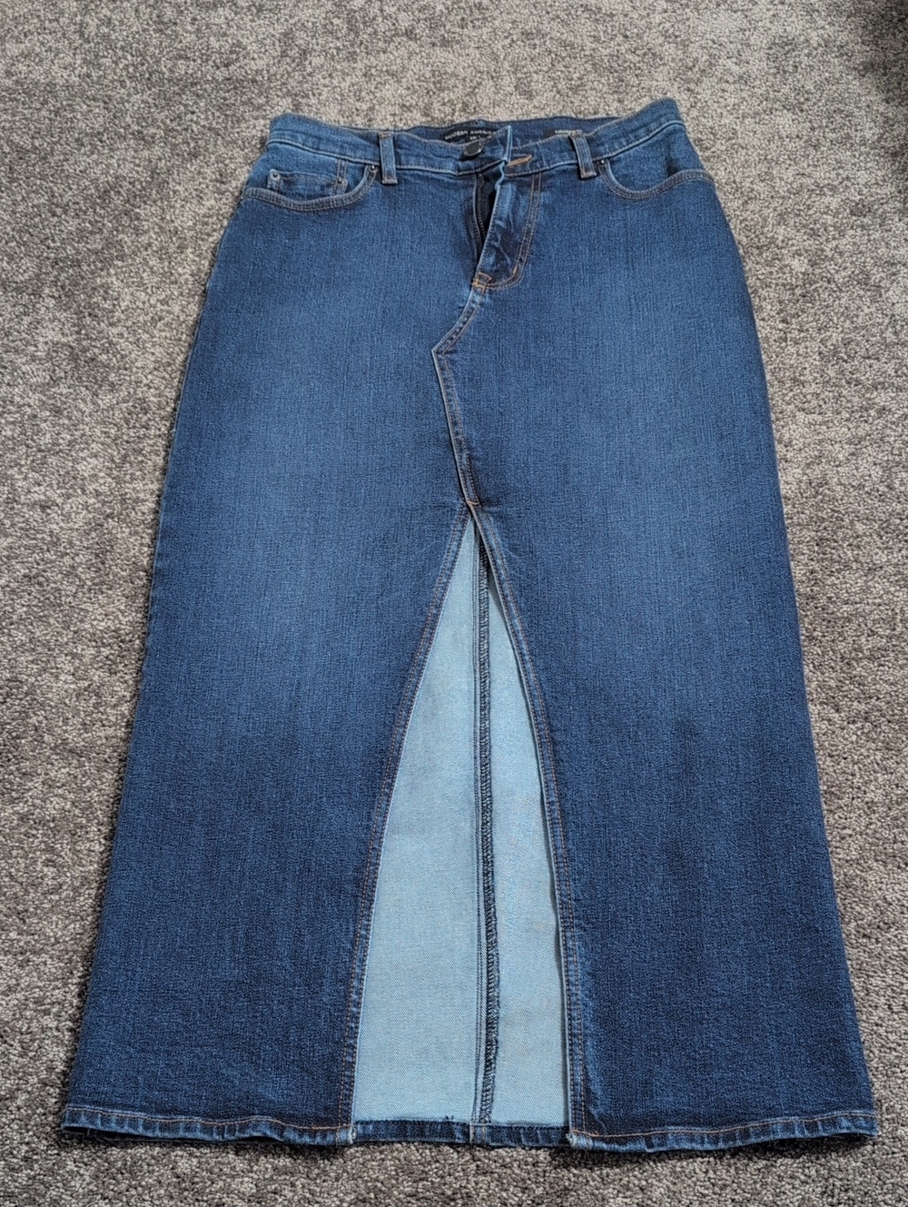 High-Waist Dark Blue Denim Midi Skirt with Front Slit